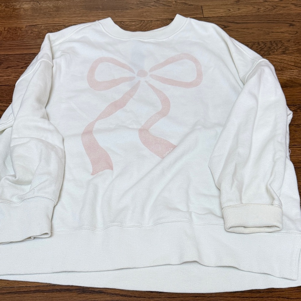 Aerie White Sweater with Pink Bow Accent